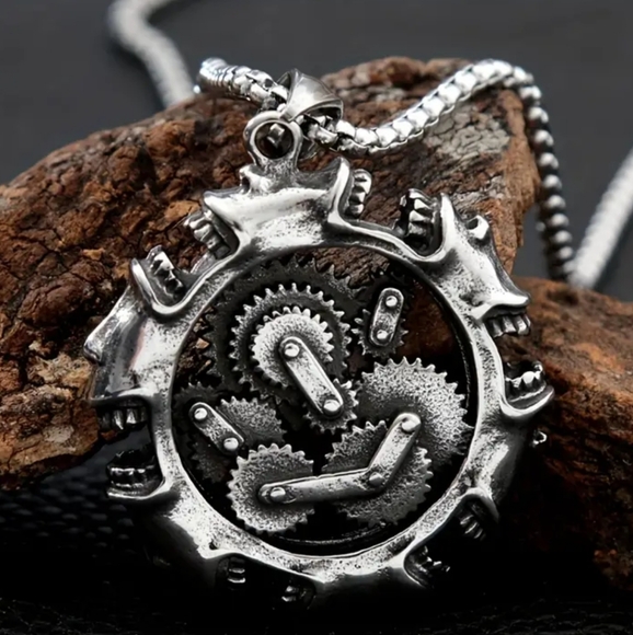 New! MEN'S Steampunk Goth Mechanical Skull Pendant Necklace. - Picture 3 of 7